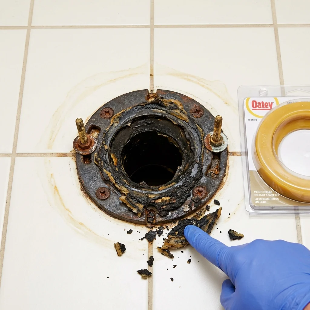 Failed wax ring showing water seepage at the base of a toilet in a Yabucoa, PR home