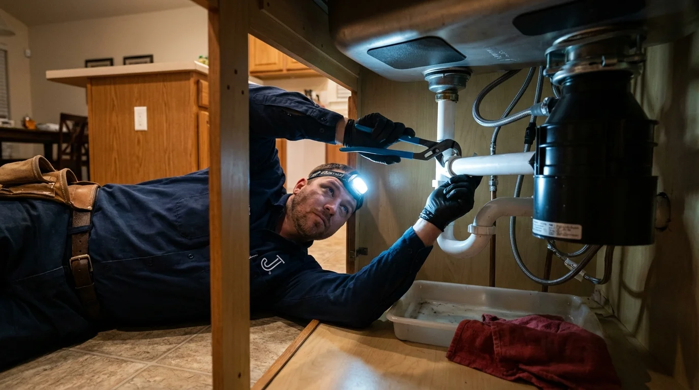 P-trap and supply line connections under a kitchen sink showing a common leak point in Yabucoa, PR